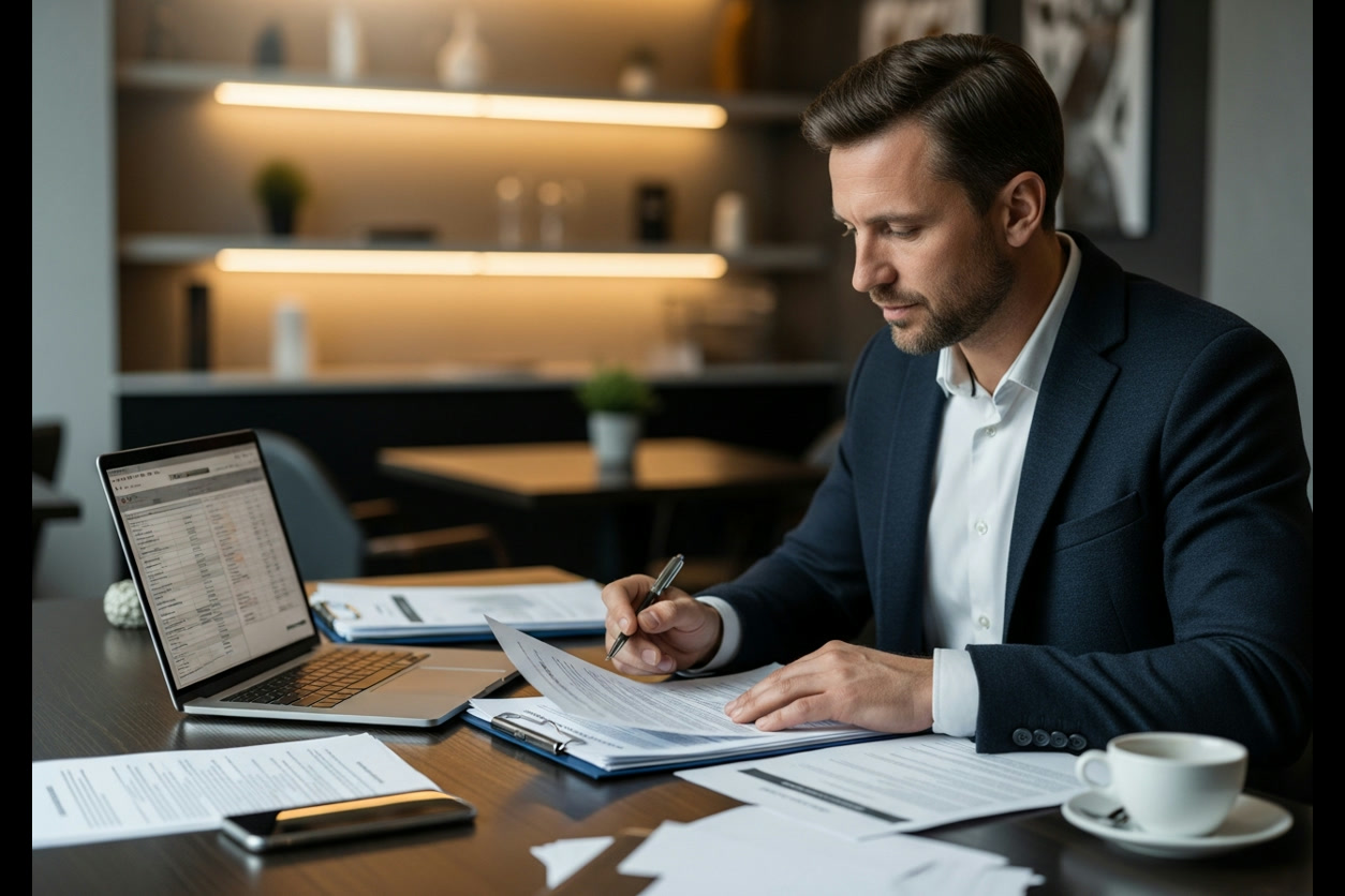 Restaurant owner reviewing technology vendor contracts at a desk
