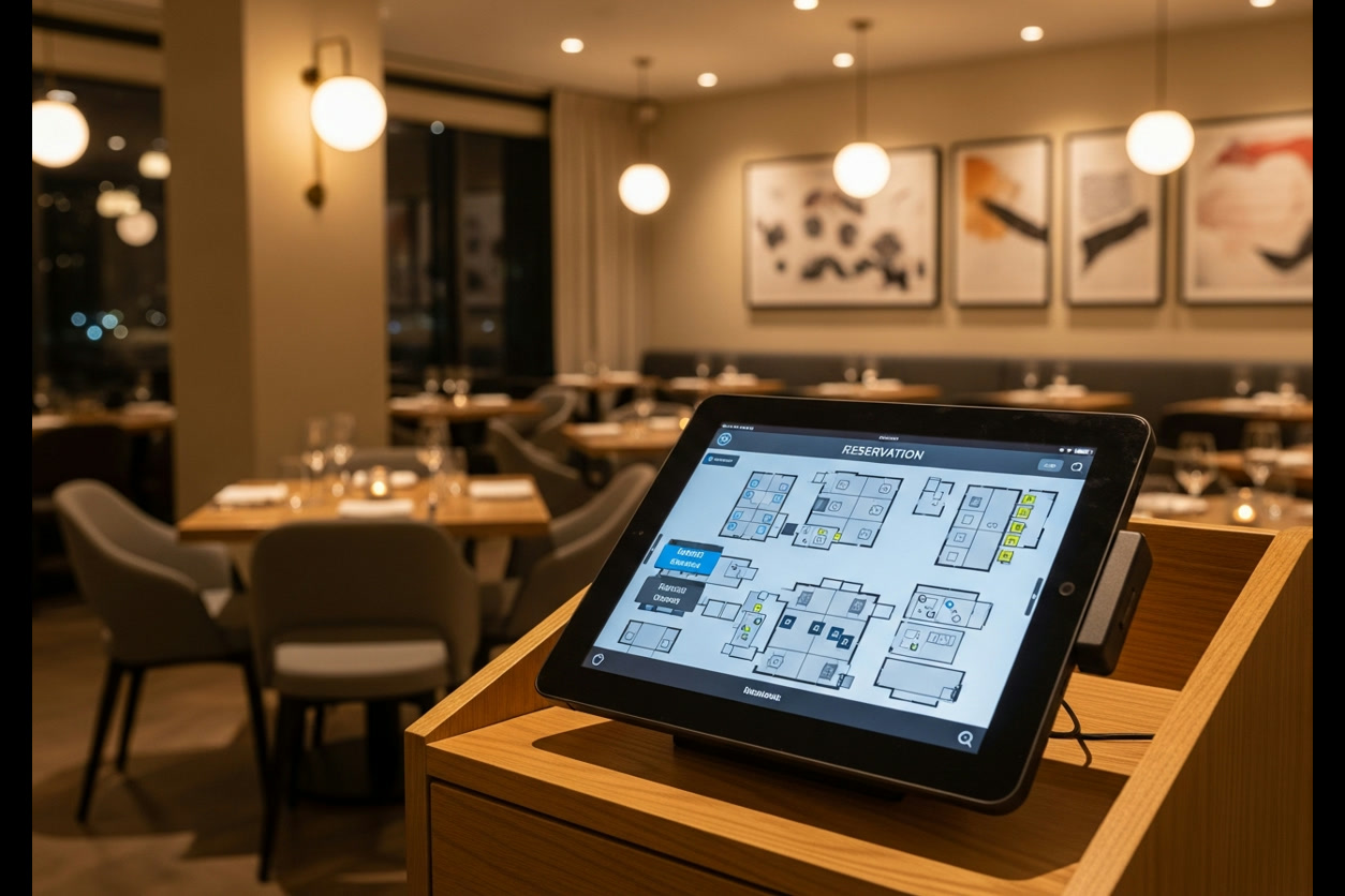 Restaurant host stand with digital reservation tablet and table map