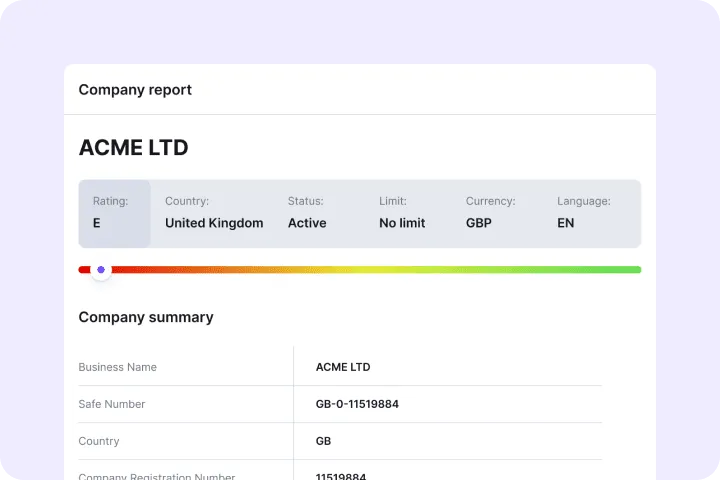 iDenfy KYB dashboard shows company report, registration details, risk rating, and verification status for a business