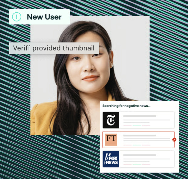 Veriff identity verification shows new user screening with adverse media and fraud risk checks