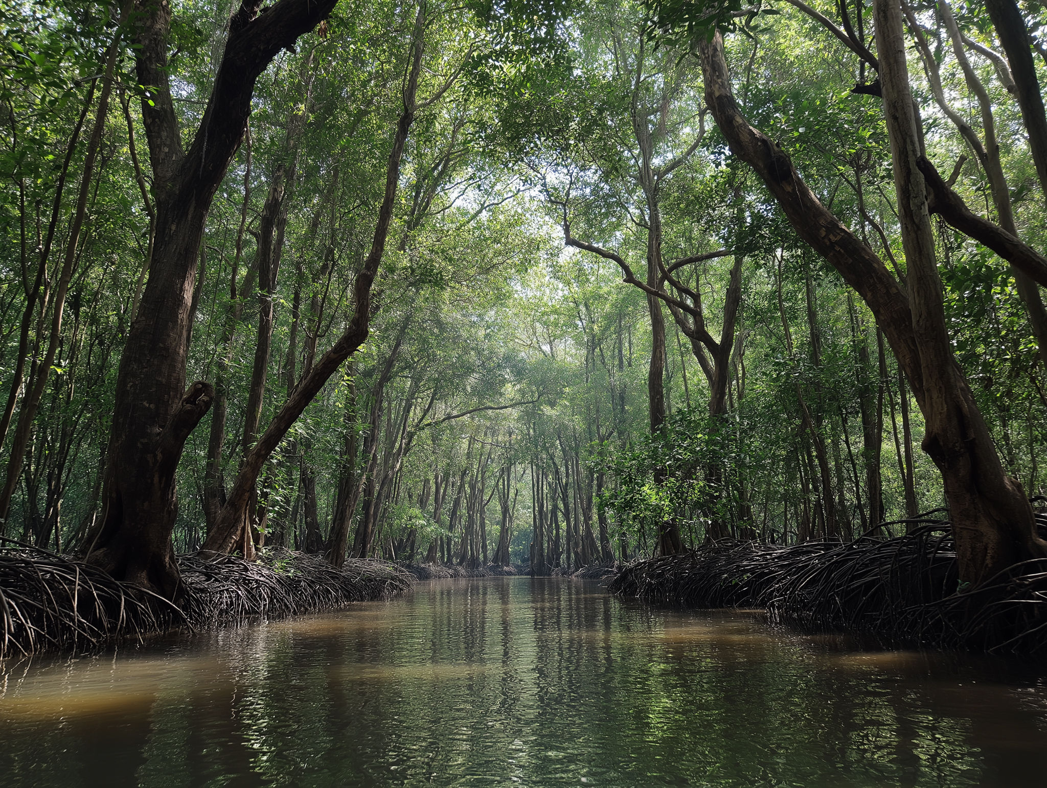 Dense mangrove forest with sunlight filtering through trees and calm water reflecting the roots and greenery.