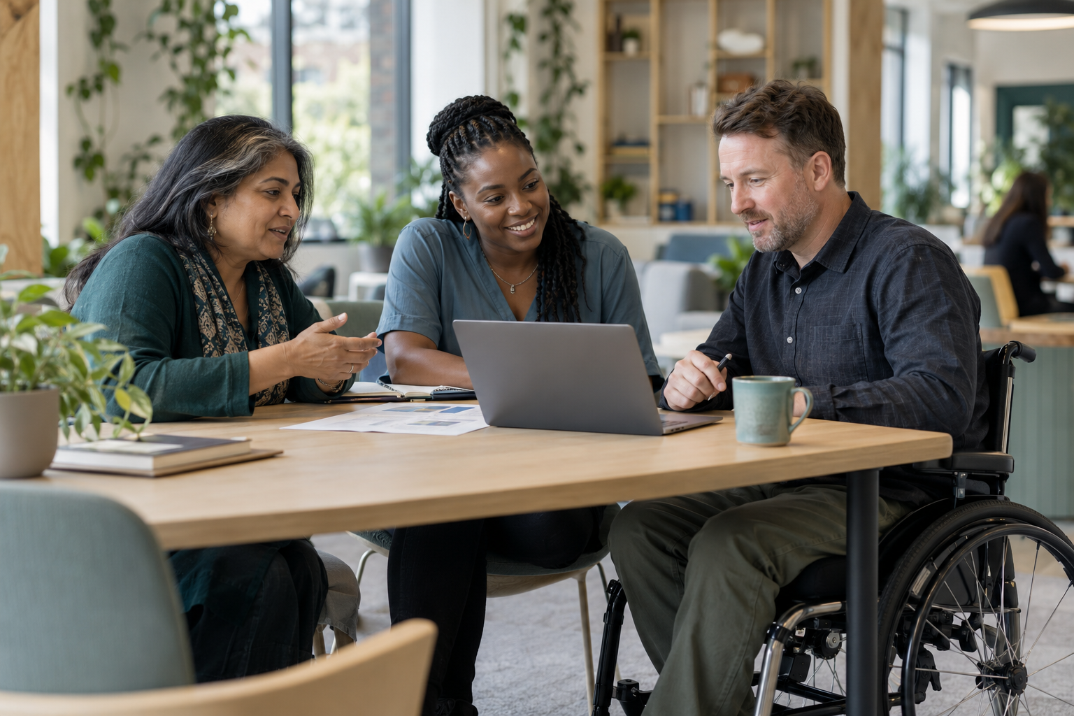 Three colleagues, including a wheelchair user, reviewing a new workflow at an accessible table.