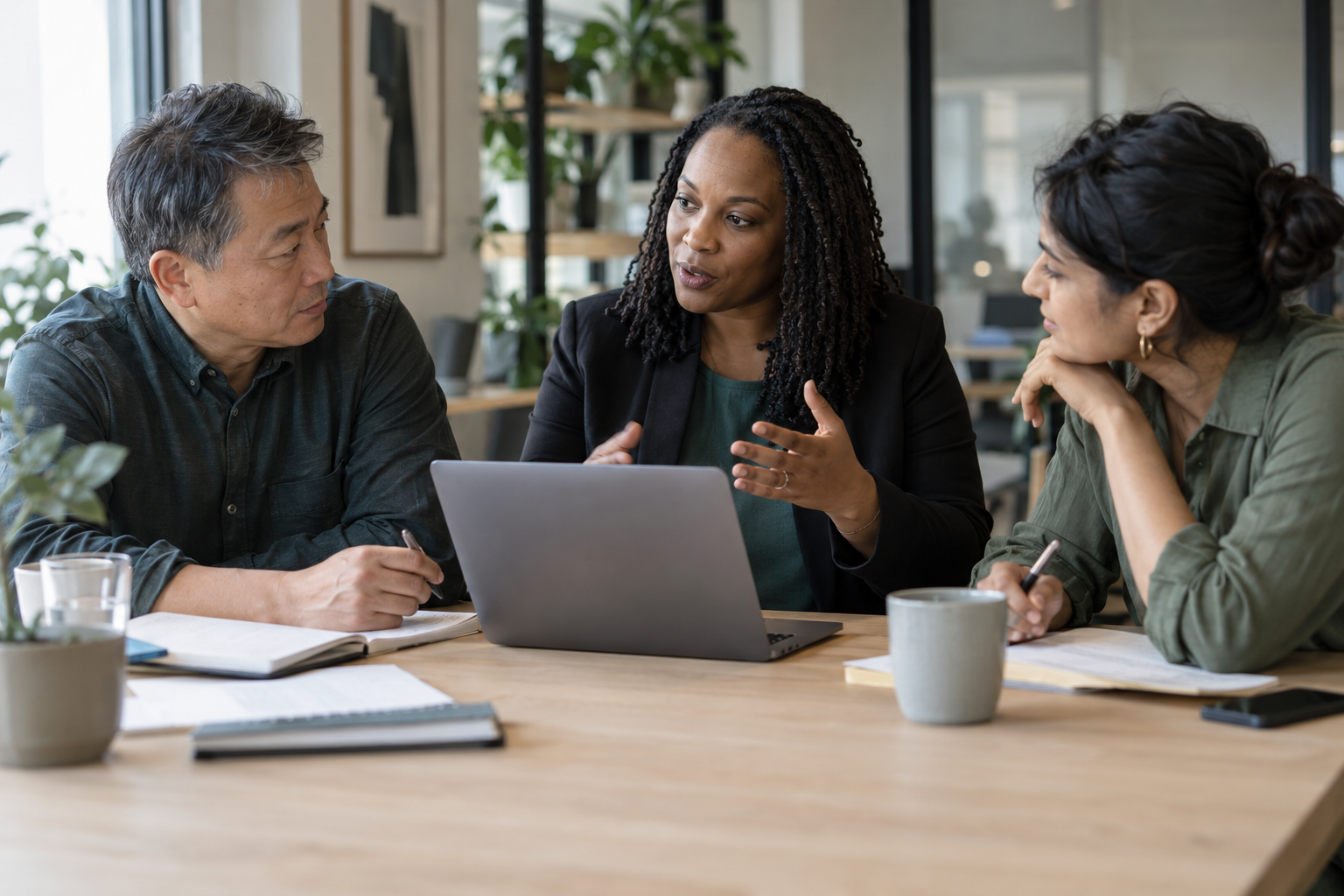 Three colleagues discussing a practical AI pilot beside a laptop.