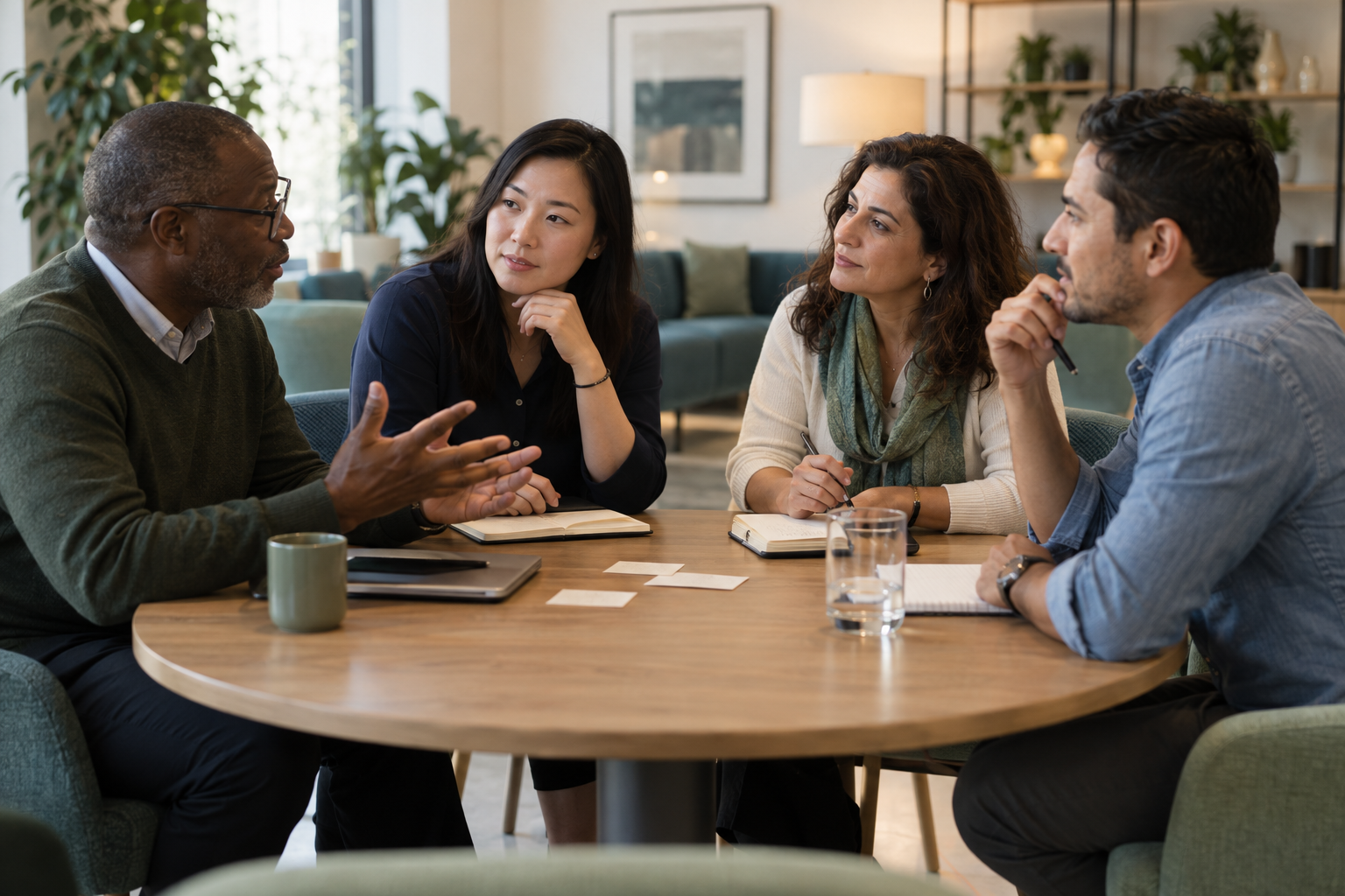 Four colleagues discussing commercial opportunities around a meeting table.