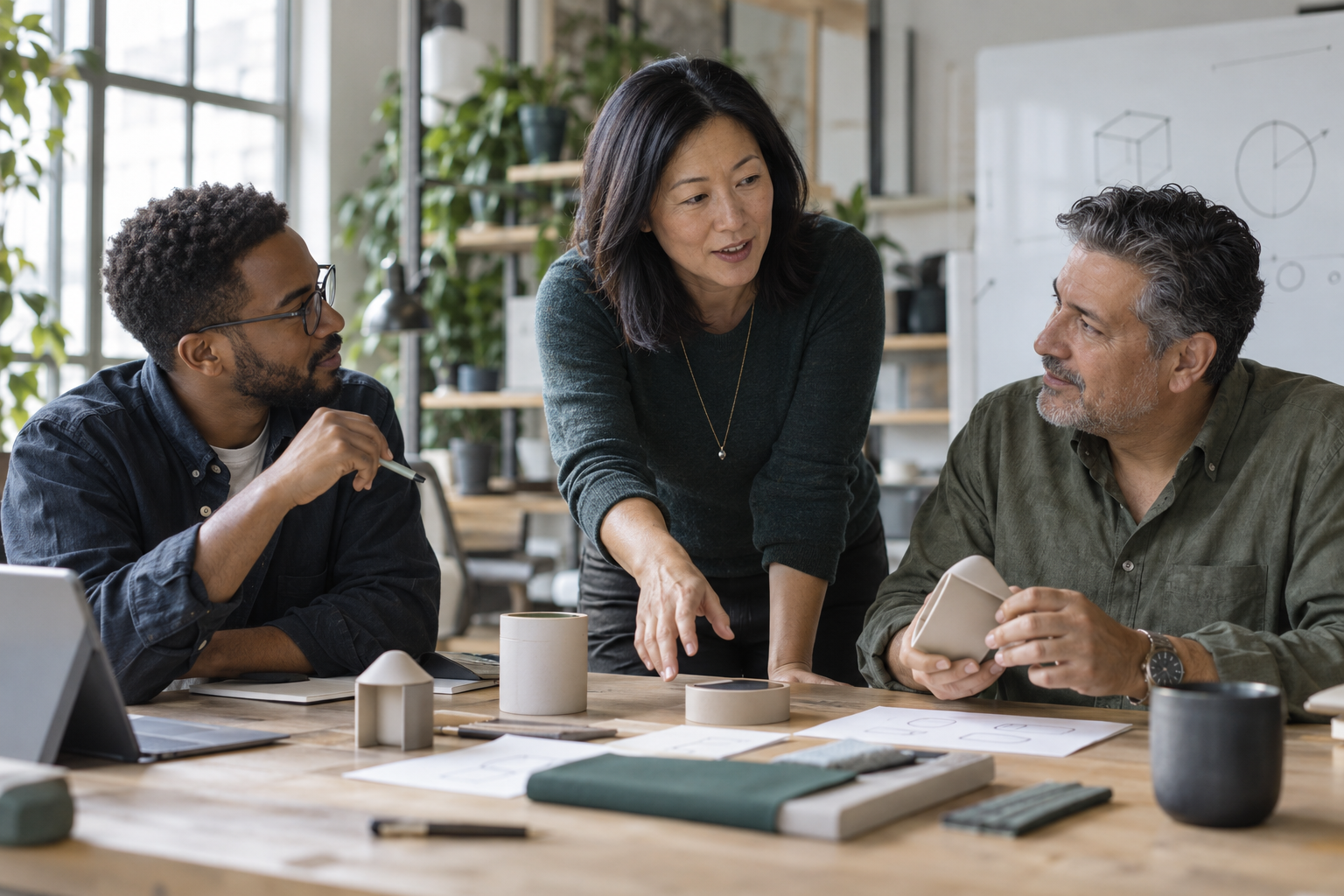 Three colleagues reviewing product concepts and planning a market launch.