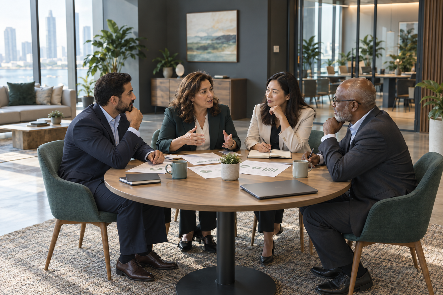 Four colleagues aligning commercial priorities around a shared plan.