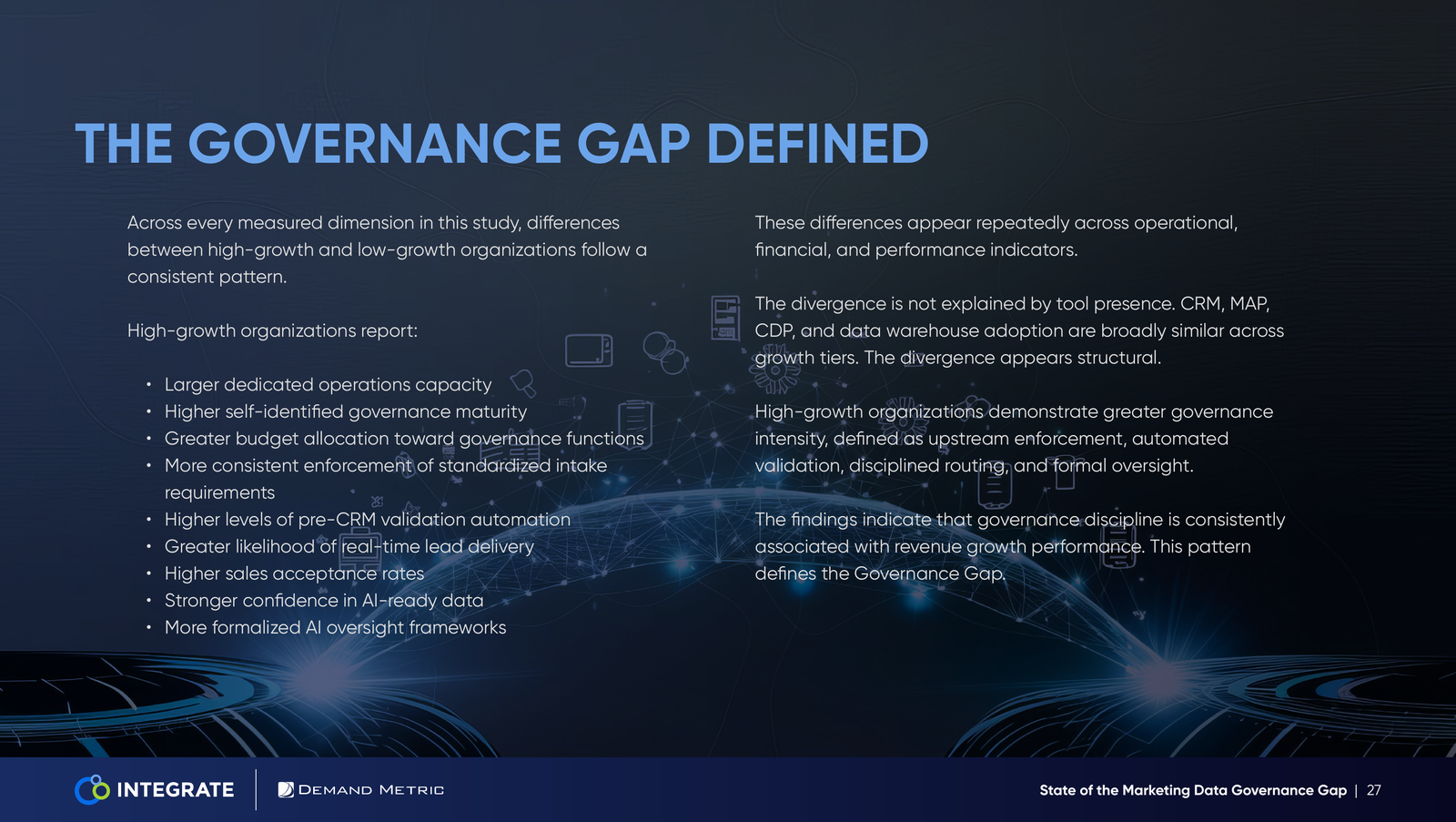 The report defines the Governance Gap as a structural difference in enforcement, validation, routing, sales trust, and AI oversight