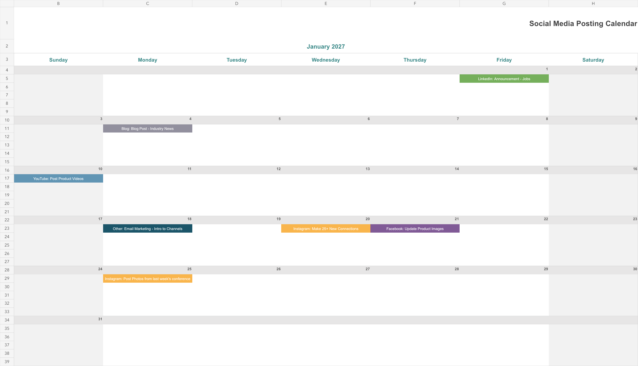 Sample January view of the Master Marketing Calendar 2027