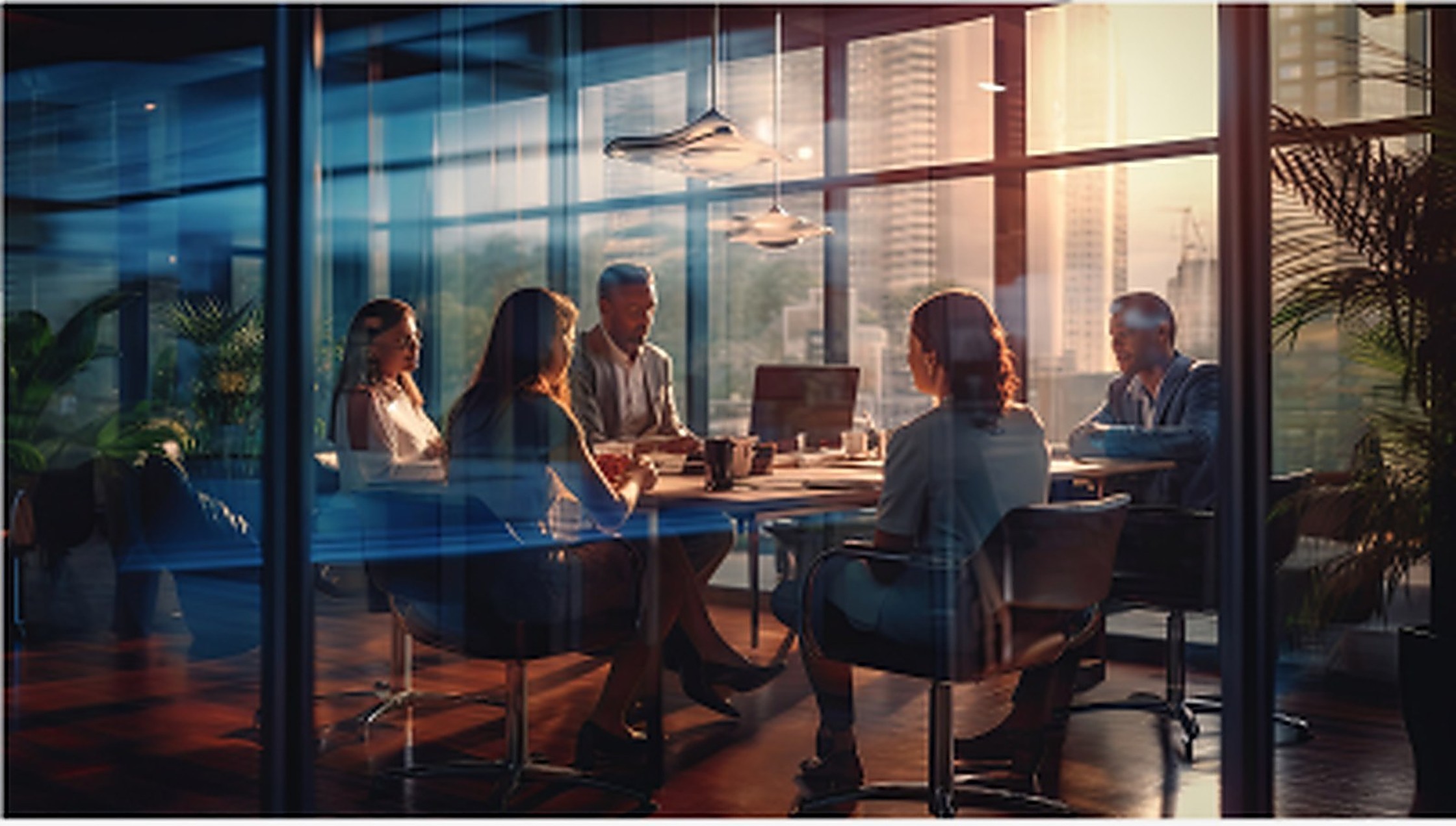 Colleagues discussing a project around a table in a glass-walled meeting room.