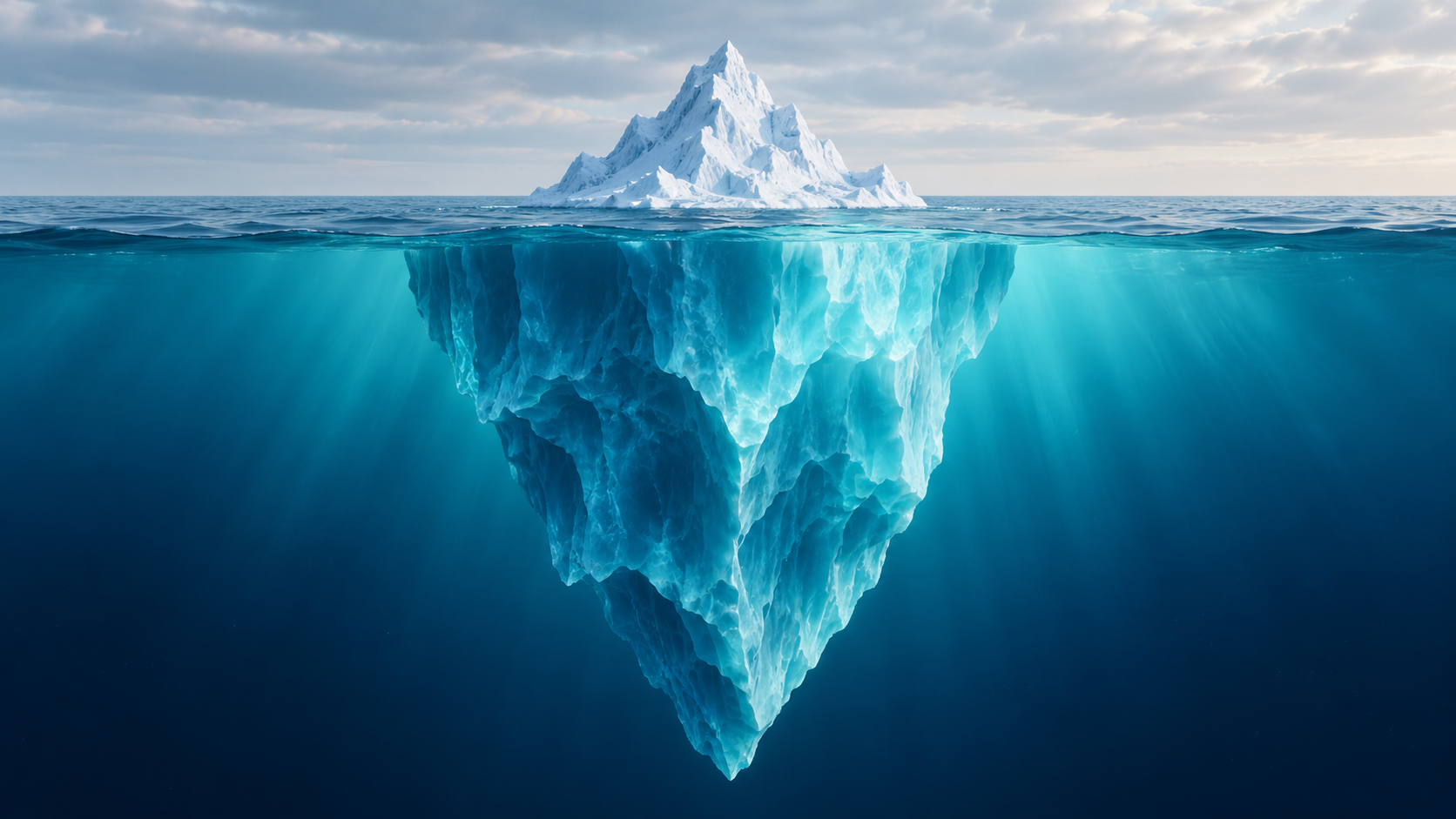 A white iceberg rises above calm water, with its much larger foundation visible beneath the teal ocean surface.