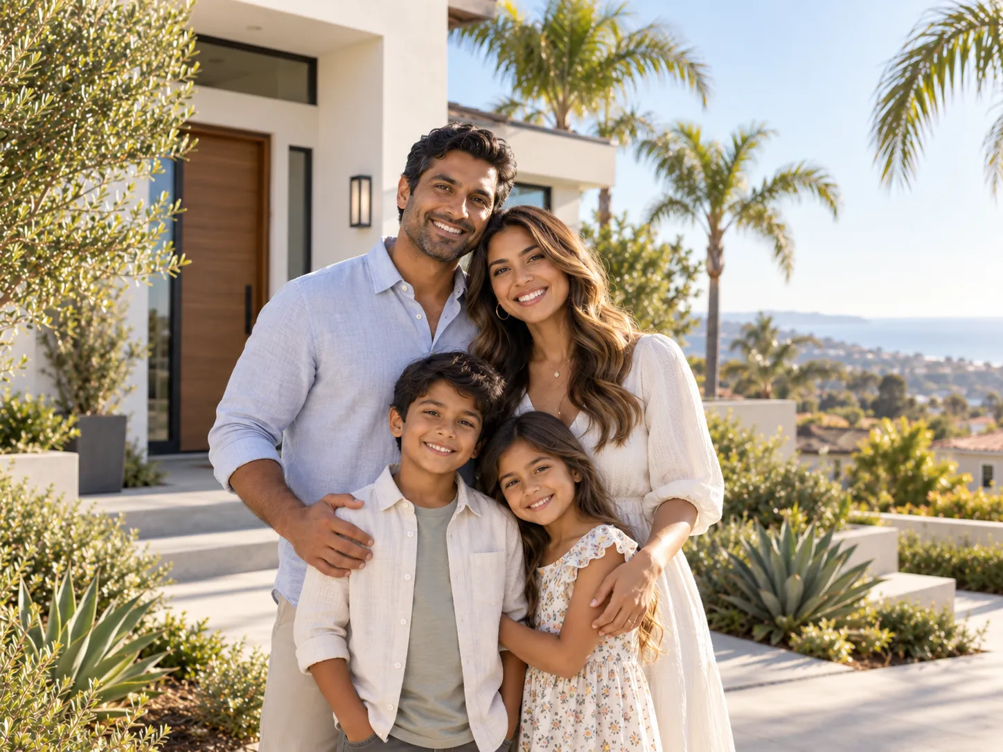 Happy family outside their new Southern California home