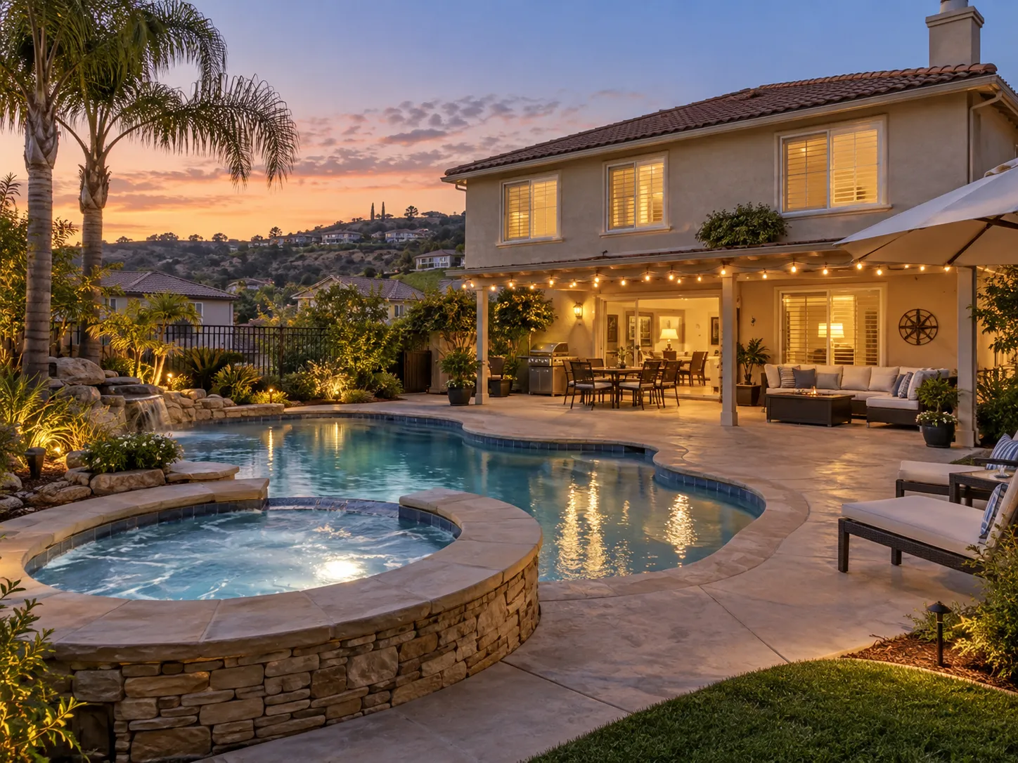 Southern California backyard with pool and spa at twilight