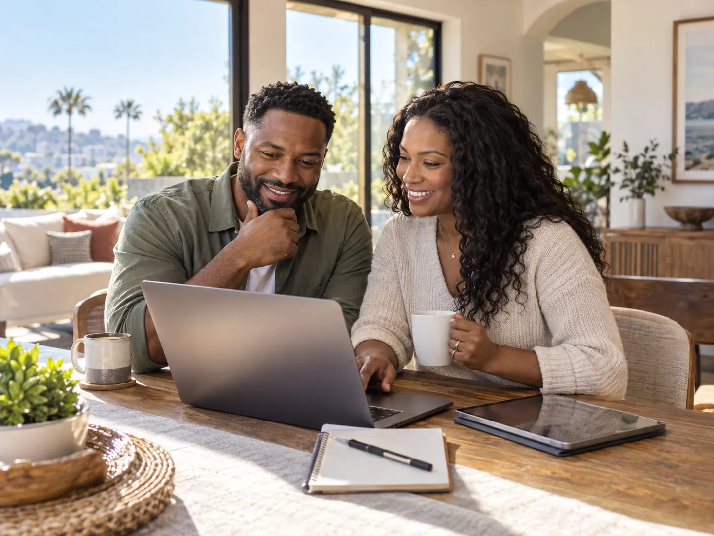 Couple completing a mortgage inquiry together on a laptop at home