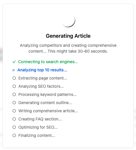 screenshot of live-view of cherrypickr.io creating content based on SERP analysis 