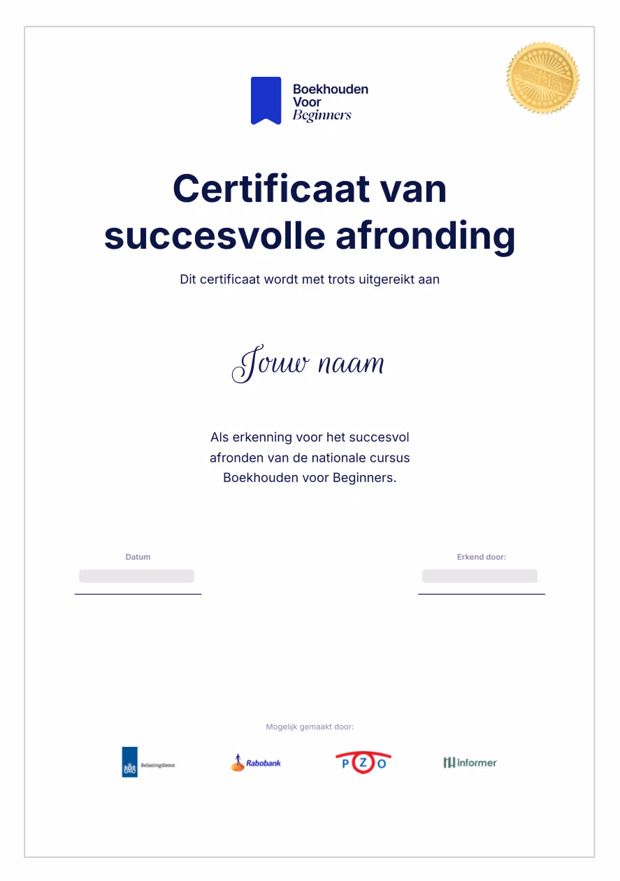 Boekhouden voor beginners voorbeeld-certificaat