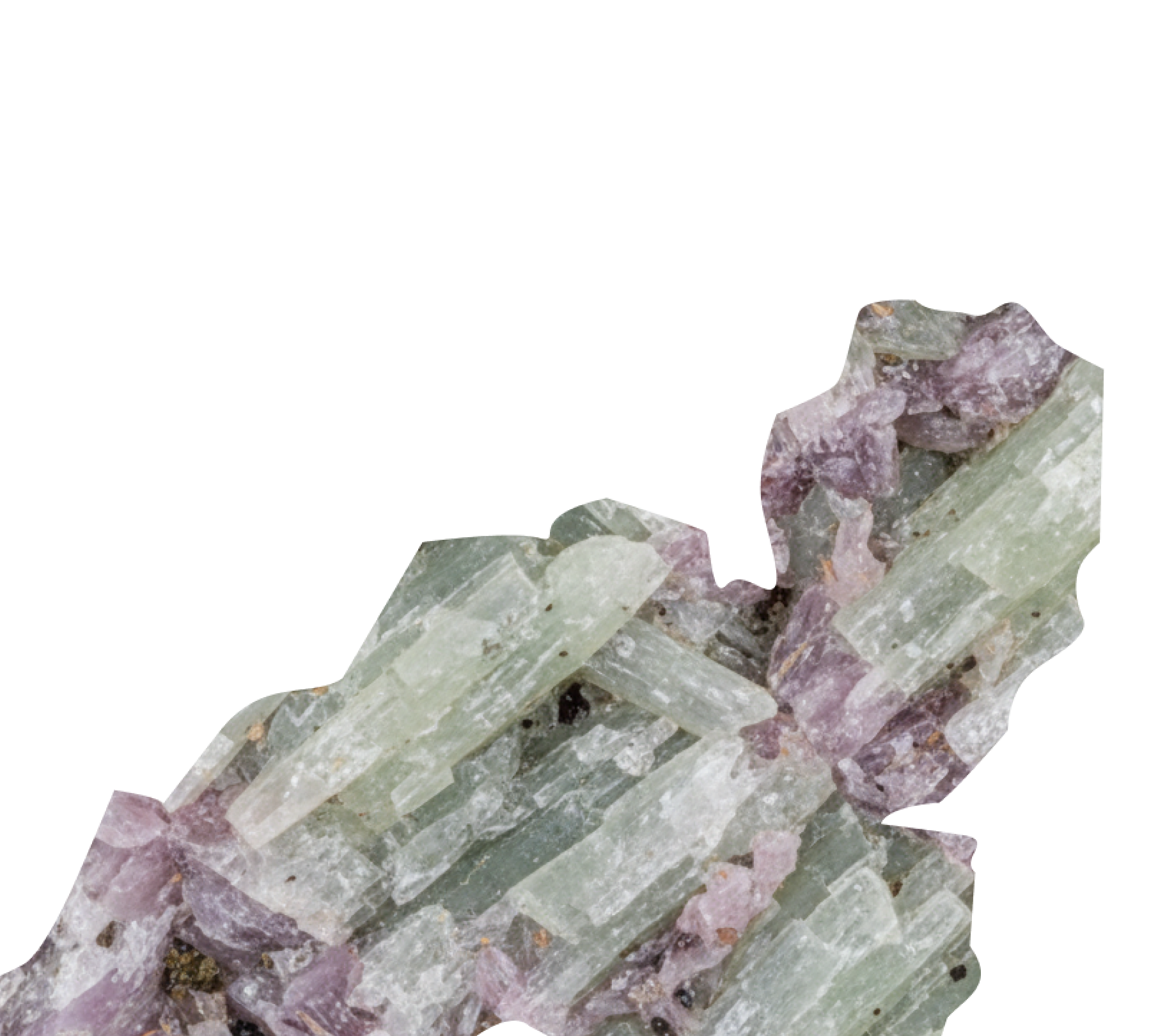 Cluster of translucent green and purple tourmaline crystals.