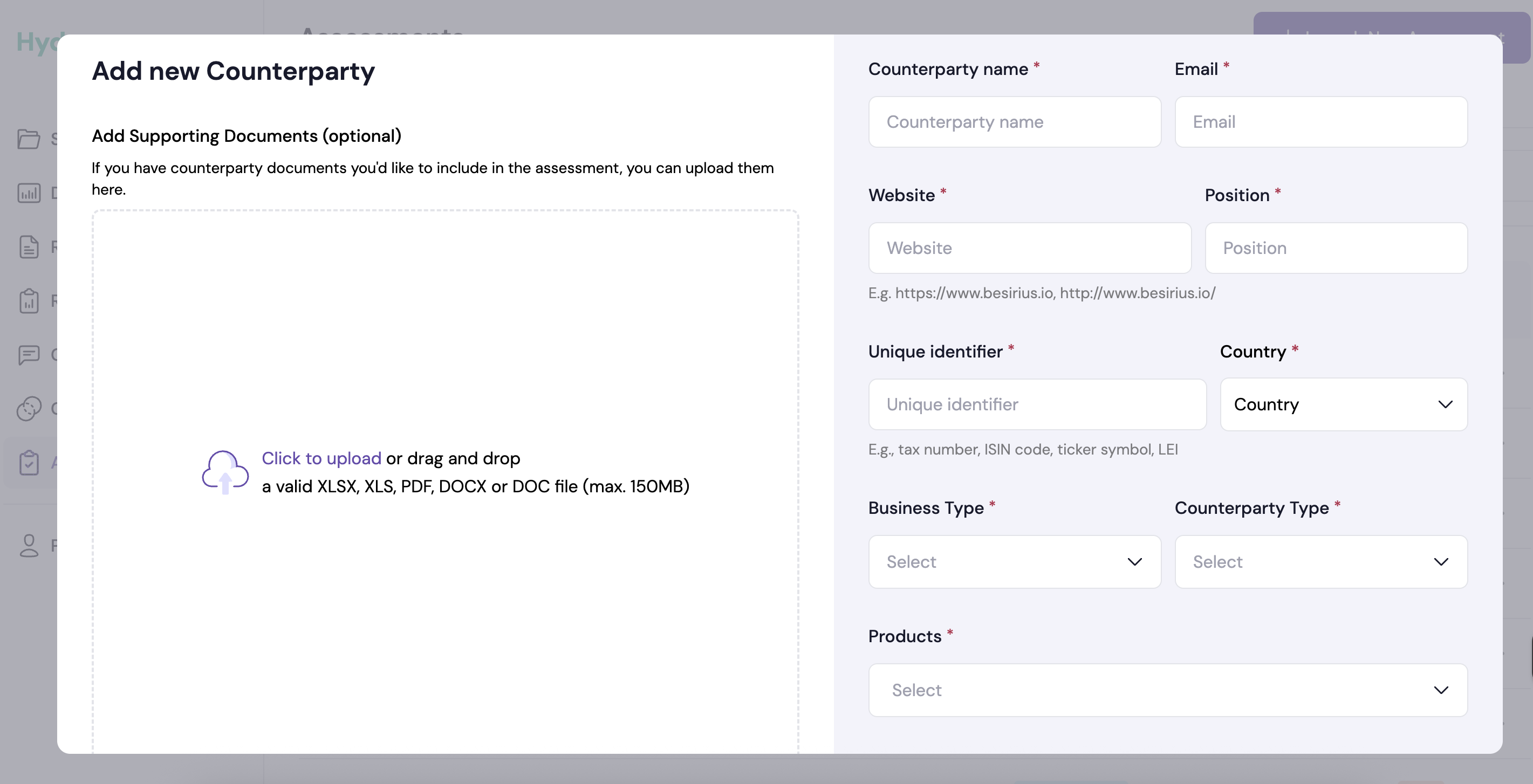 Form to add a new counterparty with fields for name, email, website, position, unique identifier, country, business type, counterparty type, products, and an area to upload supporting documents.