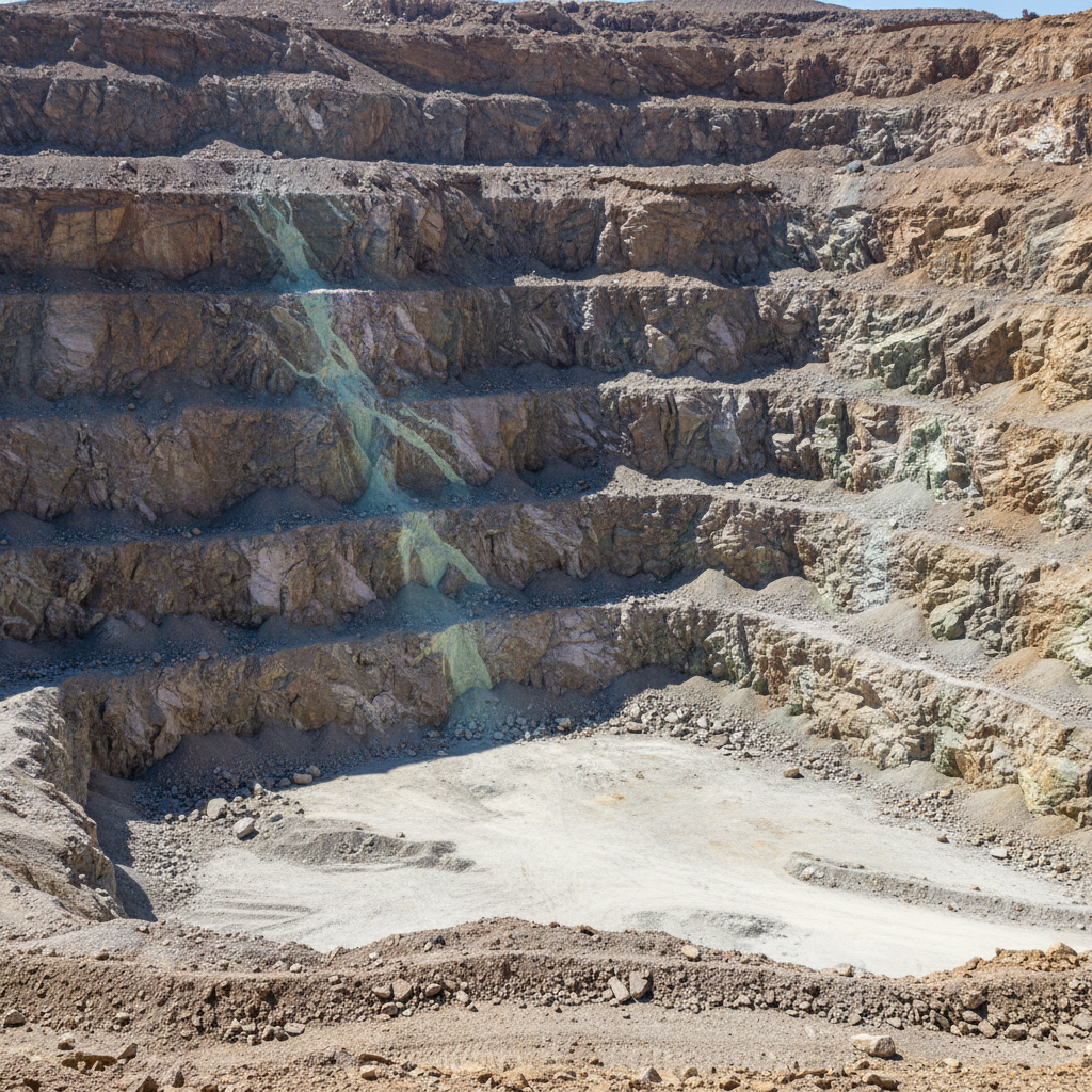 Open-pit mine with terraced rocky walls and a large flat excavation area at the bottom.
