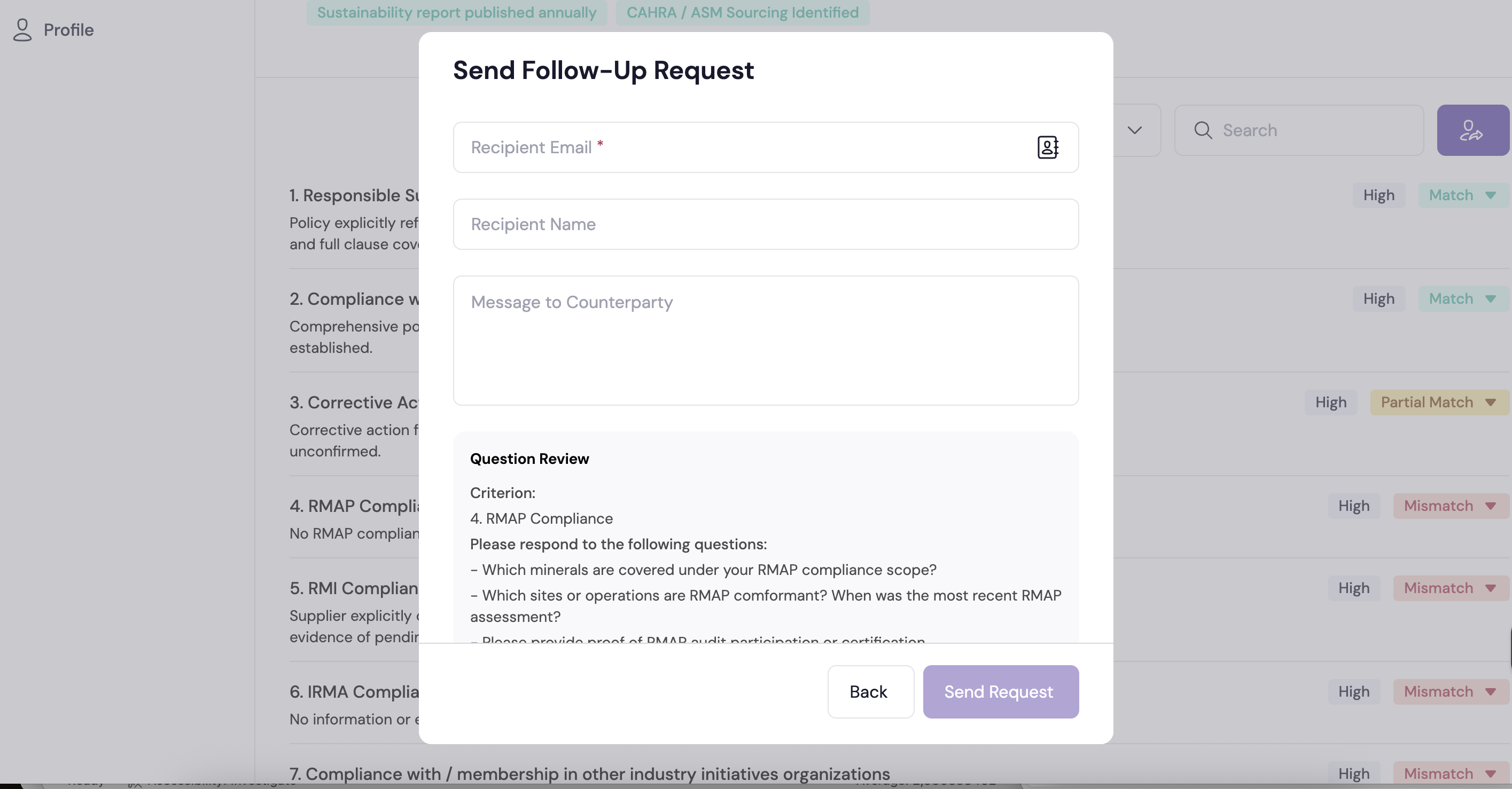 Dialog box titled 'Send Follow-Up Request' with fields for recipient email, recipient name, and message, plus a question review section about RMAP compliance and buttons for Back and Send Request.