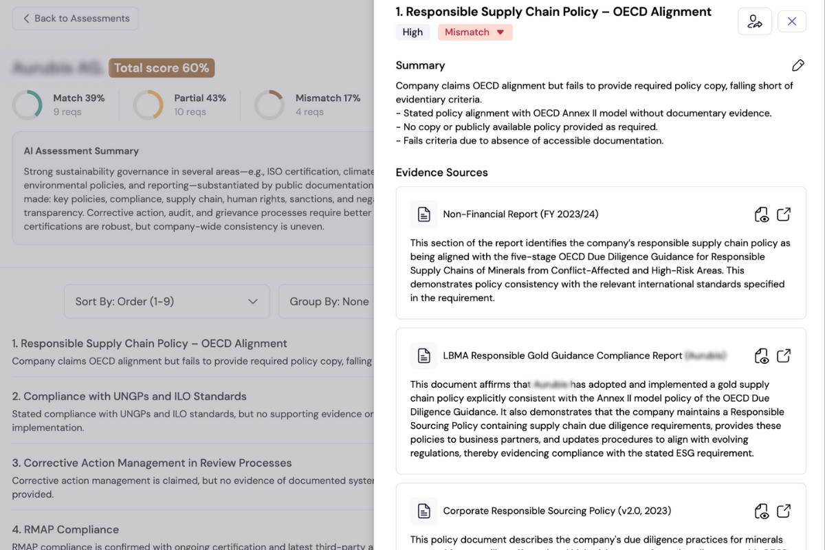 Dashboard showing Responsible Supply Chain Policy aligned with OECD, marked as mismatch with summary and evidence source documents listed.