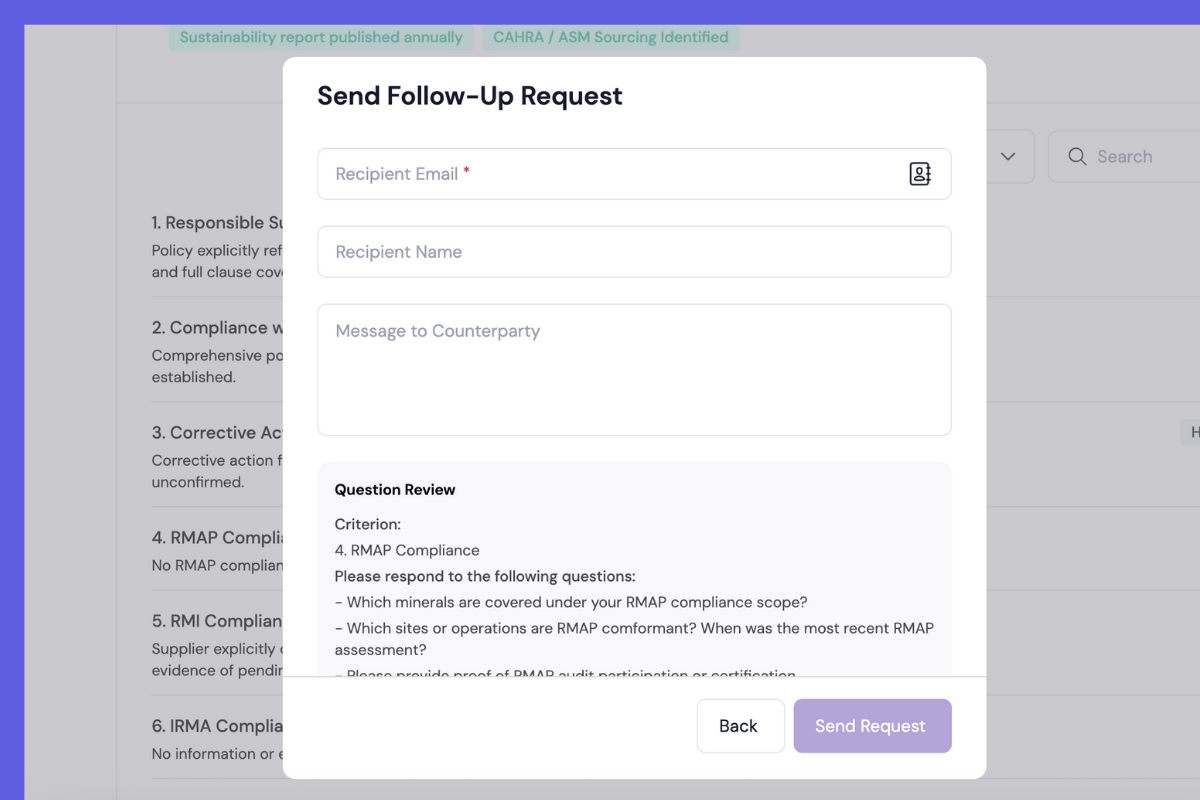 Form titled Send Follow-Up Request with fields for recipient email, recipient name, message to counterparty, and a section showing RMAP compliance questions, with Back and Send Request buttons below.