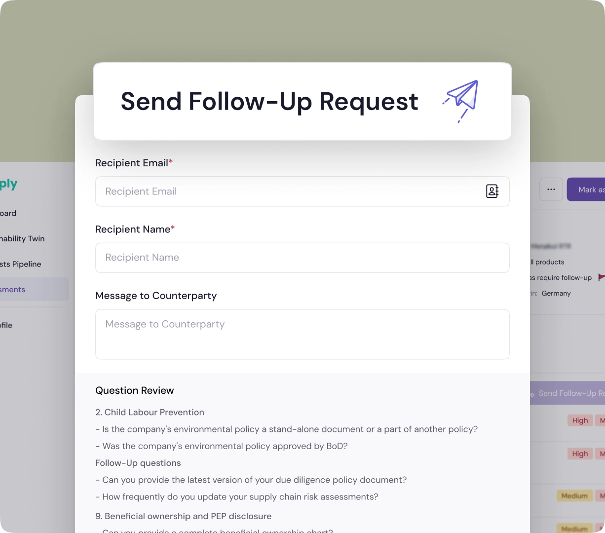 Form titled Send Follow-Up Request with fields for recipient email, recipient name, message to counterparty, and a section showing RMAP compliance questions, with Back and Send Request buttons below.