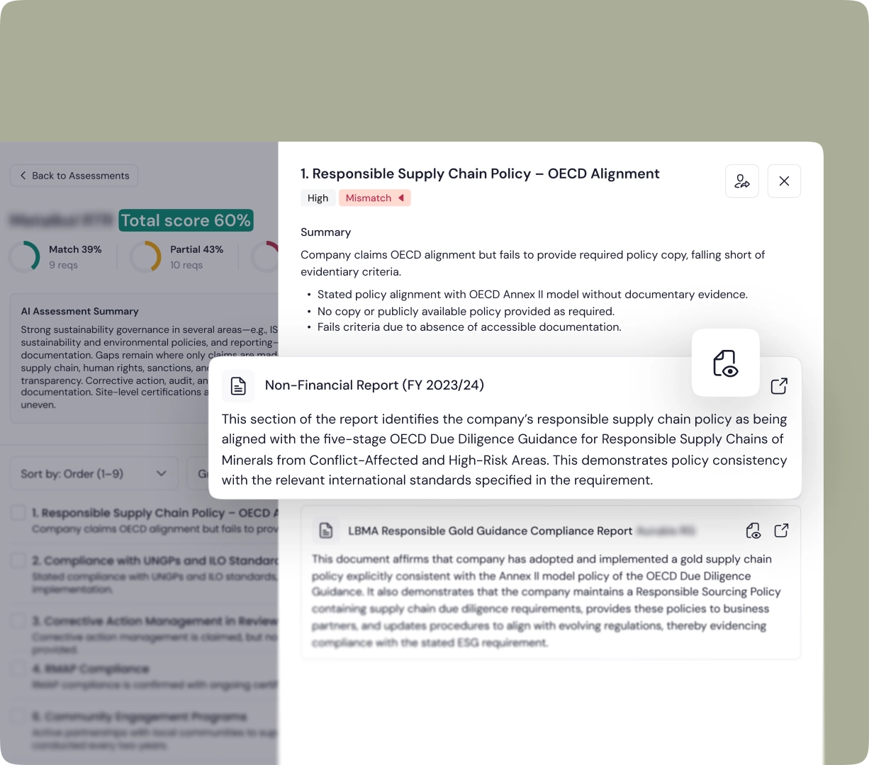 Dashboard showing Responsible Supply Chain Policy aligned with OECD, marked as mismatch with summary and evidence source documents listed.