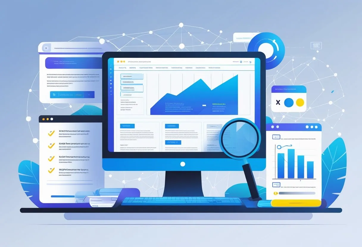 Ein moderner Arbeitsplatz mit einem Computerbildschirm, der eine Webseite mit hervorgehobenen SEO-Elementen zeigt, umgeben von Symbolen wie einer Lupe, einer Checkliste und Diagrammen.