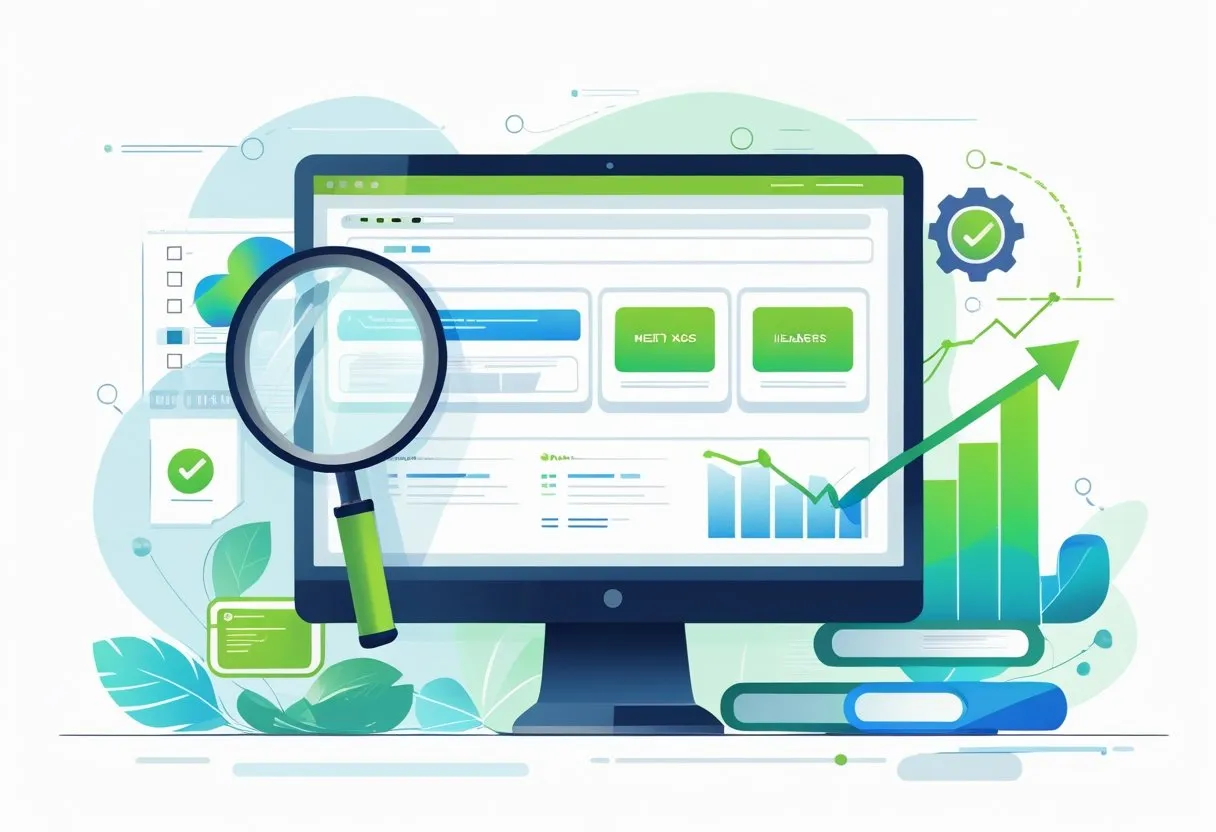 Illustration eines Computers mit einer Webseite und Symbolen, die verschiedene On-Page-SEO-Faktoren wie Keywords, Meta-Tags und technische Optimierung darstellen.