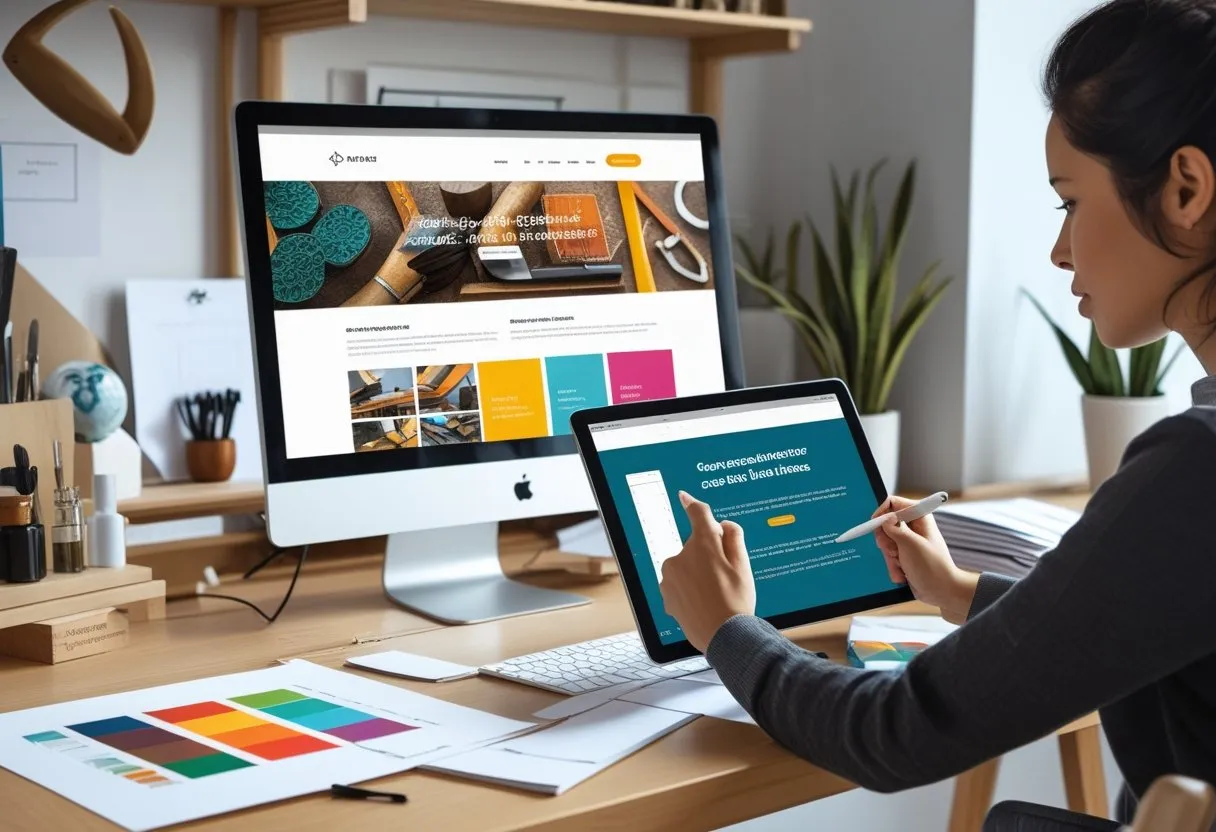 Ein moderner Arbeitsplatz mit Computer und Tablet, auf dem eine Website für Handwerksbetriebe gestaltet wird, umgeben von Werkzeugen und Designmaterialien.