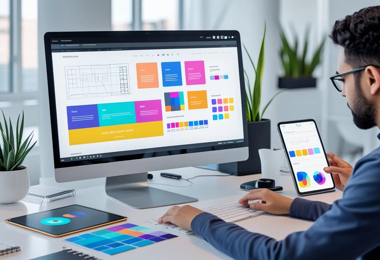 Arbeitsplatz mit Computerbildschirm, Tablet und Smartphone, auf dem ein Webdesign mit Benutzeroberfläche und Benutzererfahrung dargestellt wird.