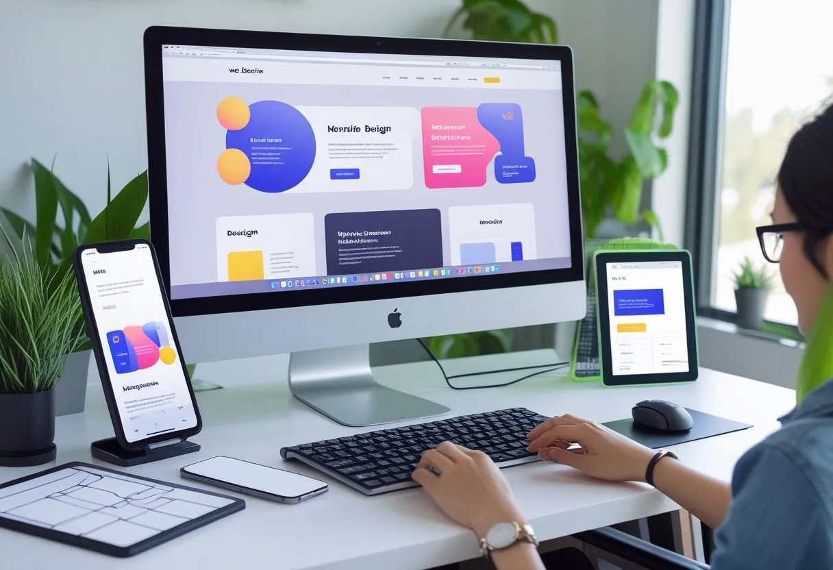 Ein moderner Arbeitsplatz mit Computerbildschirm, auf dem eine Website angezeigt wird, Hände bedienen Maus und Tastatur, umgeben von Designwerkzeugen und Pflanzen.