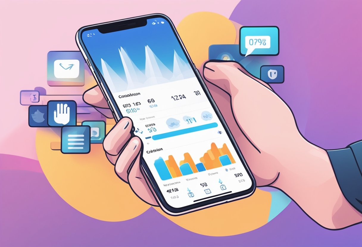 A smartphone displaying an OnlyFans profile on Instagram, with a large number of likes and comments. A link to the profile is visible, and a graph showing an increase in traffic and monetization