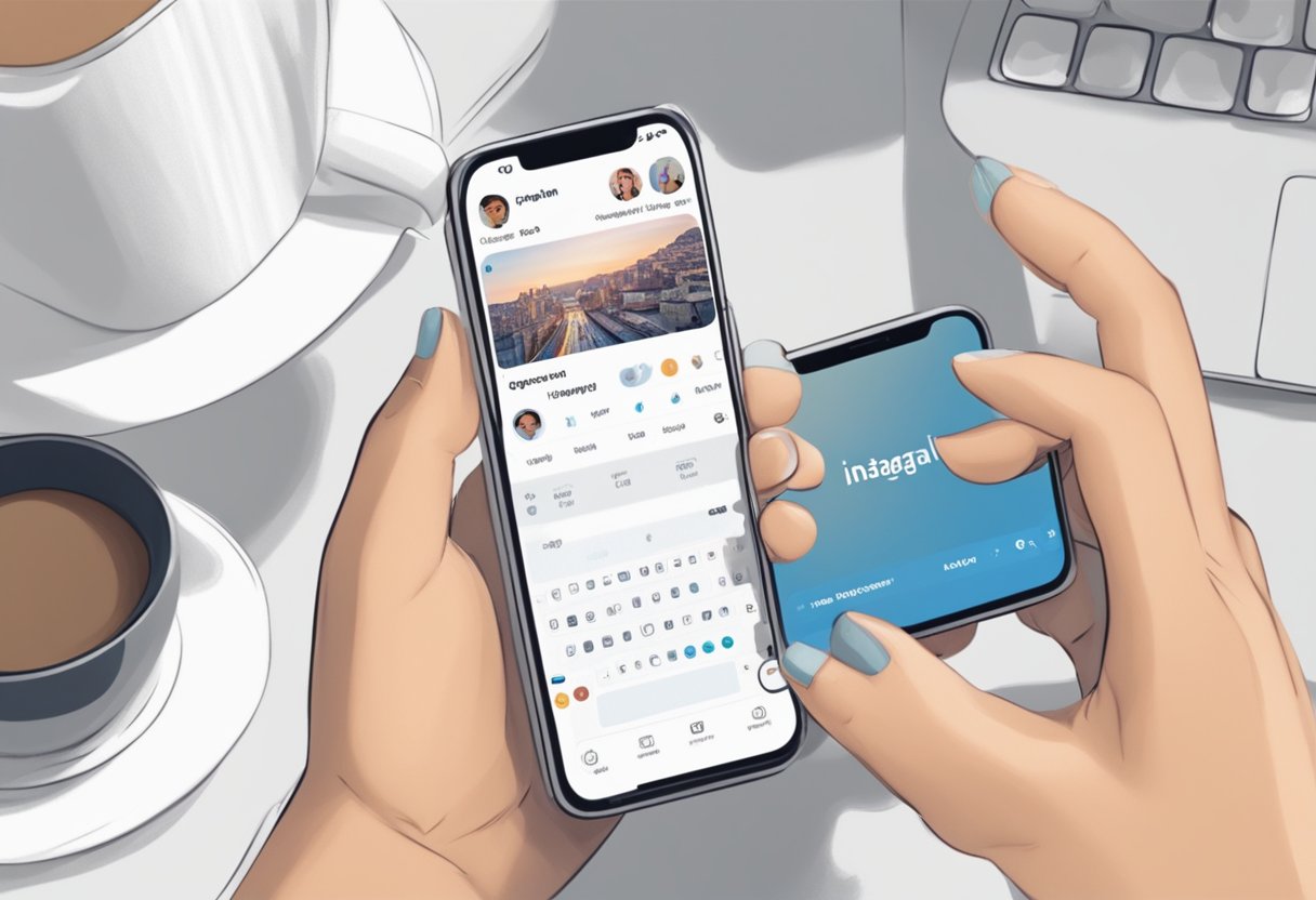 A person using a smartphone to post on Instagram, with OnlyFans profile on the screen. The person is typing a caption and selecting hashtags