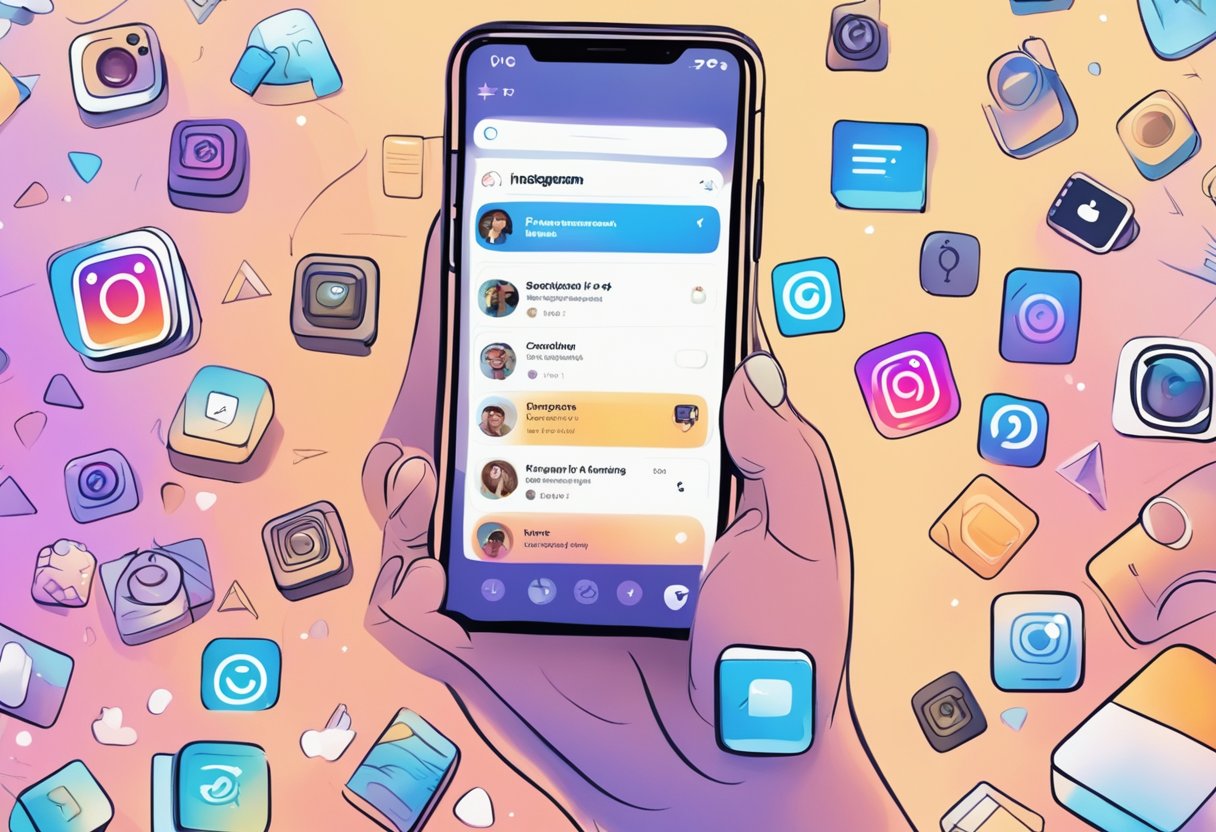 A smartphone displaying an Instagram profile with OnlyFans promotion posts, surrounded by hashtags, likes, and comments