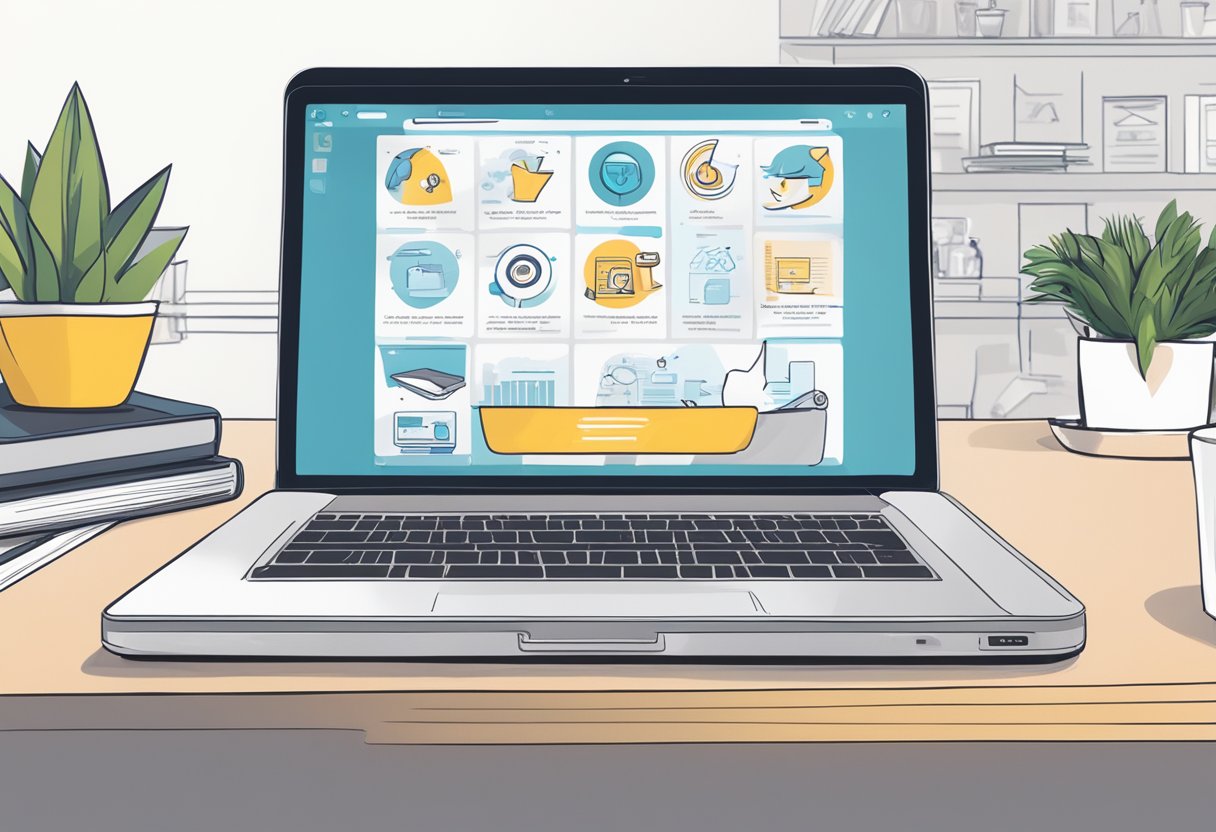 A laptop displaying OnlyFans logo with marketing strategies written on a whiteboard