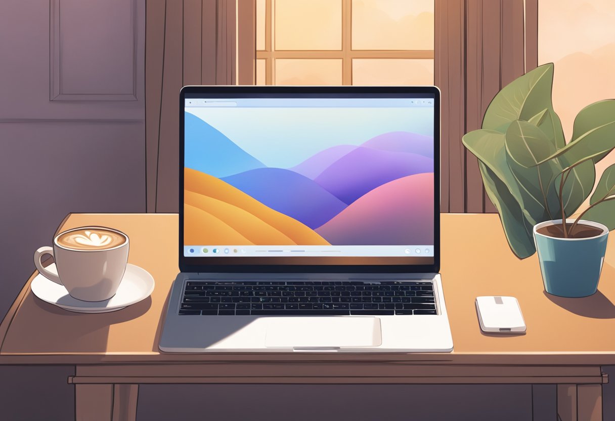 A laptop with "OnlyFans Namen" on screen, surrounded by a cozy setting with soft lighting and a cup of coffee