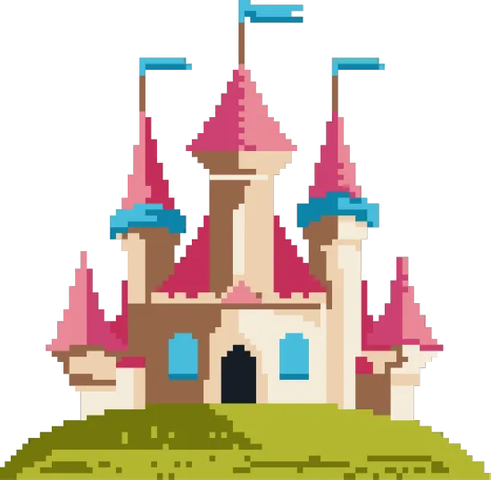 Pixel art style castle with beige walls and multiple red pointed roofs topped with blue accents, standing on a grassy hill.