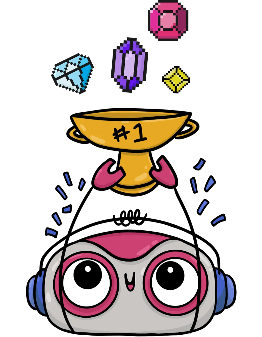 Cartoon robot with large eyes and pink accents holding a golden trophy labeled '#1', with pixelated blue, purple, pink, and yellow gems above its head.