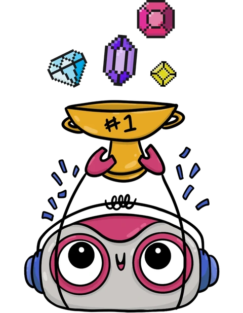 Cartoon robot with large eyes and pink accents holding a golden trophy labeled '#1', with pixelated blue, purple, pink, and yellow gems above its head.