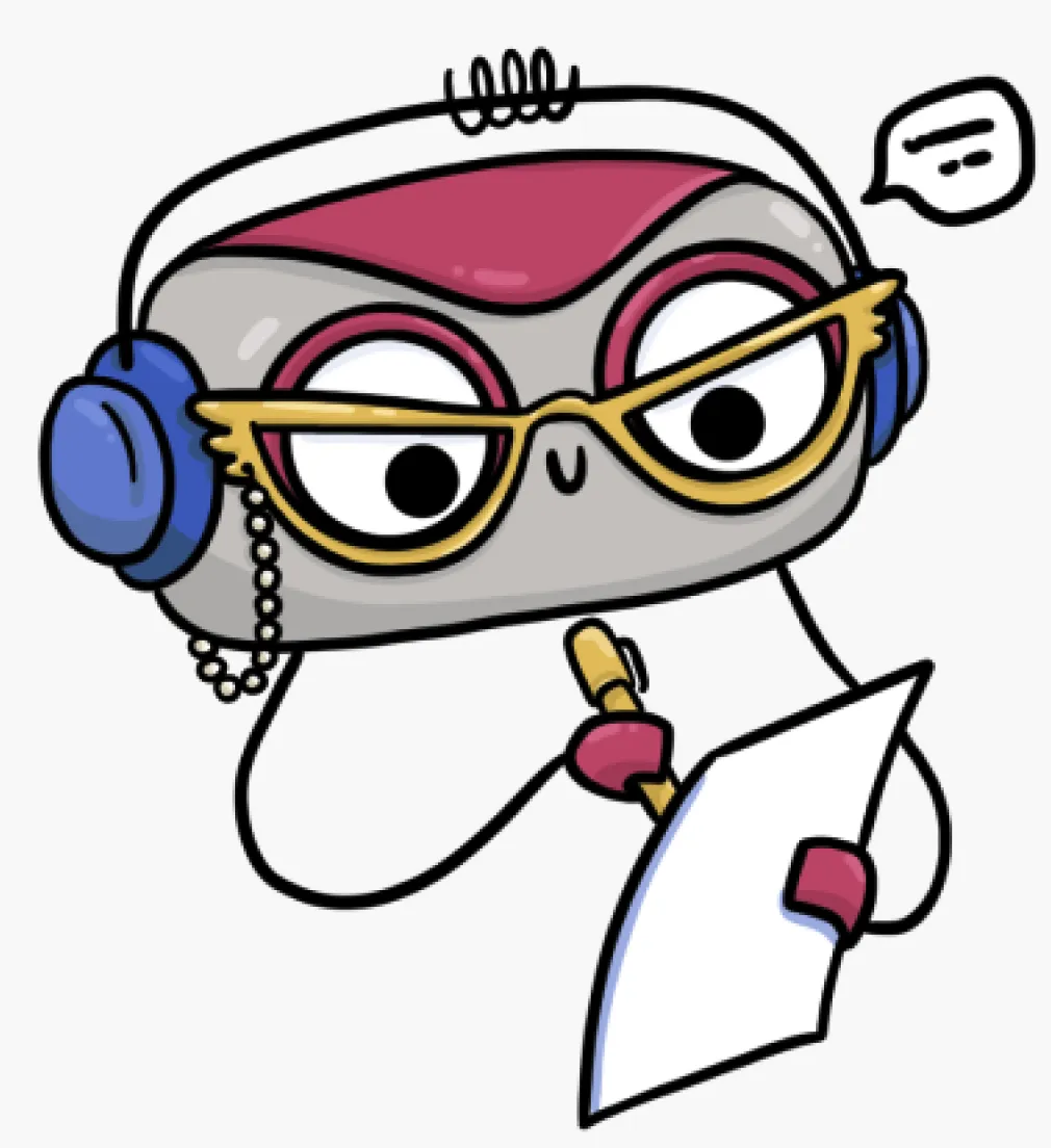 Cartoon robot with a metallic gray face and red top, wearing blue headphones and gold cat-eye glasses, holding a pen and paper while looking intently, with a speech bubble showing horizontal lines.