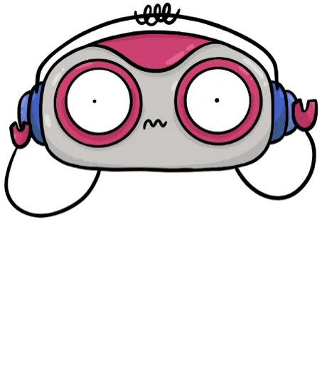 Cartoon robot head with large round white eyes, pink and silver face, and blue and pink curved antennae on a black background.