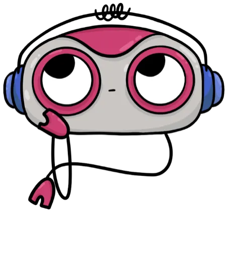 Cartoon robot head with large round eyes, pink and gray face, and blue ear-like shapes on a black background.