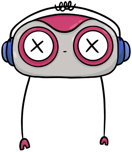 Cartoon robot with a pink top, gray face, and large round eyes crossed out with X's, against a black background.