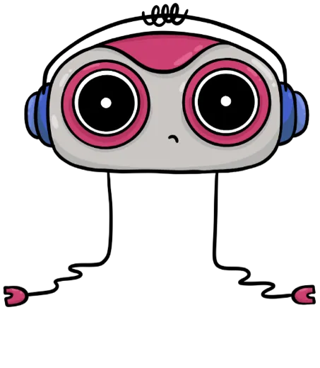 Cartoon robot face with large round eyes, pink and gray head, and blue ear-like shapes on a black background.