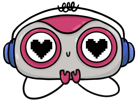 Cartoon robot face with large round eyes that have pixelated black heart shapes inside, pink accents on the face, and blue circular ears against a black background.