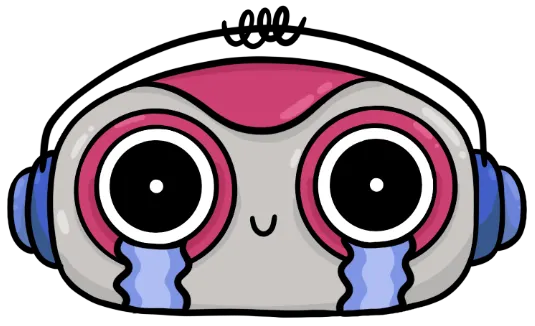 Cartoon robot face with large eyes, pink highlights, and blue tears streaming down from the eyes against a black background.