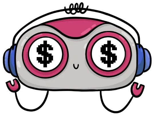 Cartoon robot face with large pink-rimmed eyes showing pixelated black dollar signs on a white background, blue ear covers, and a small smiling mouth on a black background.