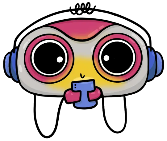 Cartoon robot head with large round eyes, a gradient color pattern from pink to yellow, blue ear covers, and holding a small blue object with pink hands.