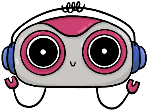 Cartoon robot face with large round eyes outlined in pink and wearing blue headphones, on black background.